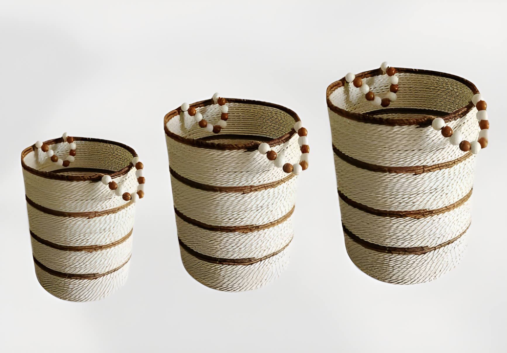 Raffia Round Basket Wooden Bead Handle (Set of 3)